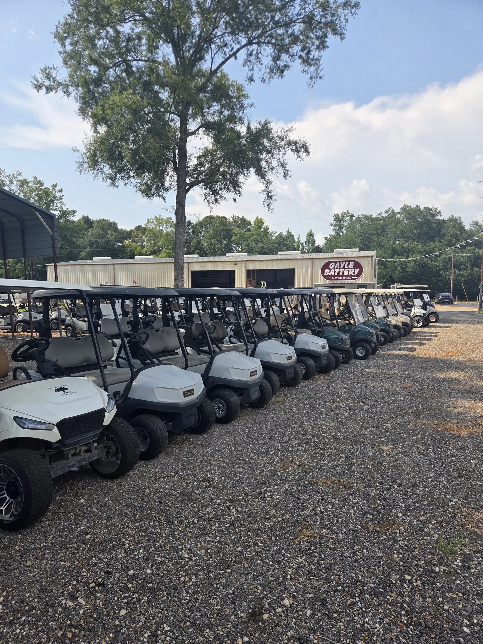 Golf carts lined up outside Gayle Battery in Baker